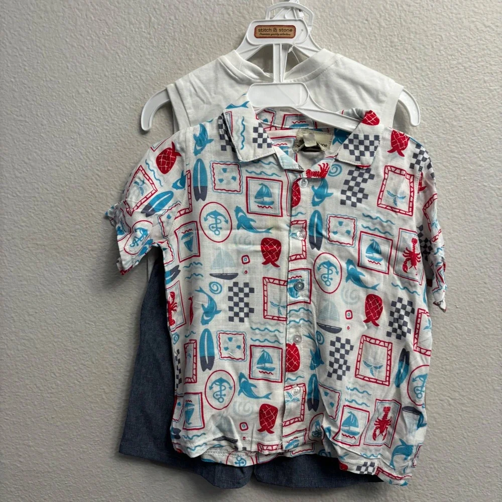 Stitch & Stone Boys Size 6 Blue White 3-Piece Shark Nautical Shirt Tank Set NEW